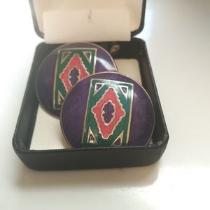 Vtg Enamel Tribal Pattern Earrings